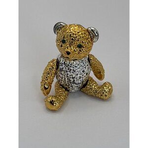 Napier Vintage Articulated Teddy Bear Brooch Pin Gold Silver Tone Green Eyes